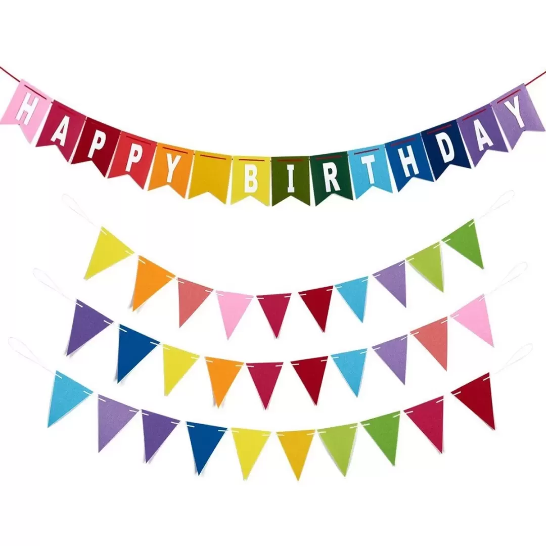 Blue Panda 8 Feet Rainbow Happy Birthday Banner with 3 Colorful Felt Pennant Flag Banners (6 Feet) for Party Decorations