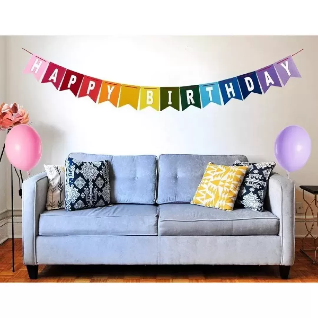 Blue Panda 8 Feet Rainbow Happy Birthday Banner with 3 Colorful Felt Pennant Flag Banners (6 Feet) for Party Decorations