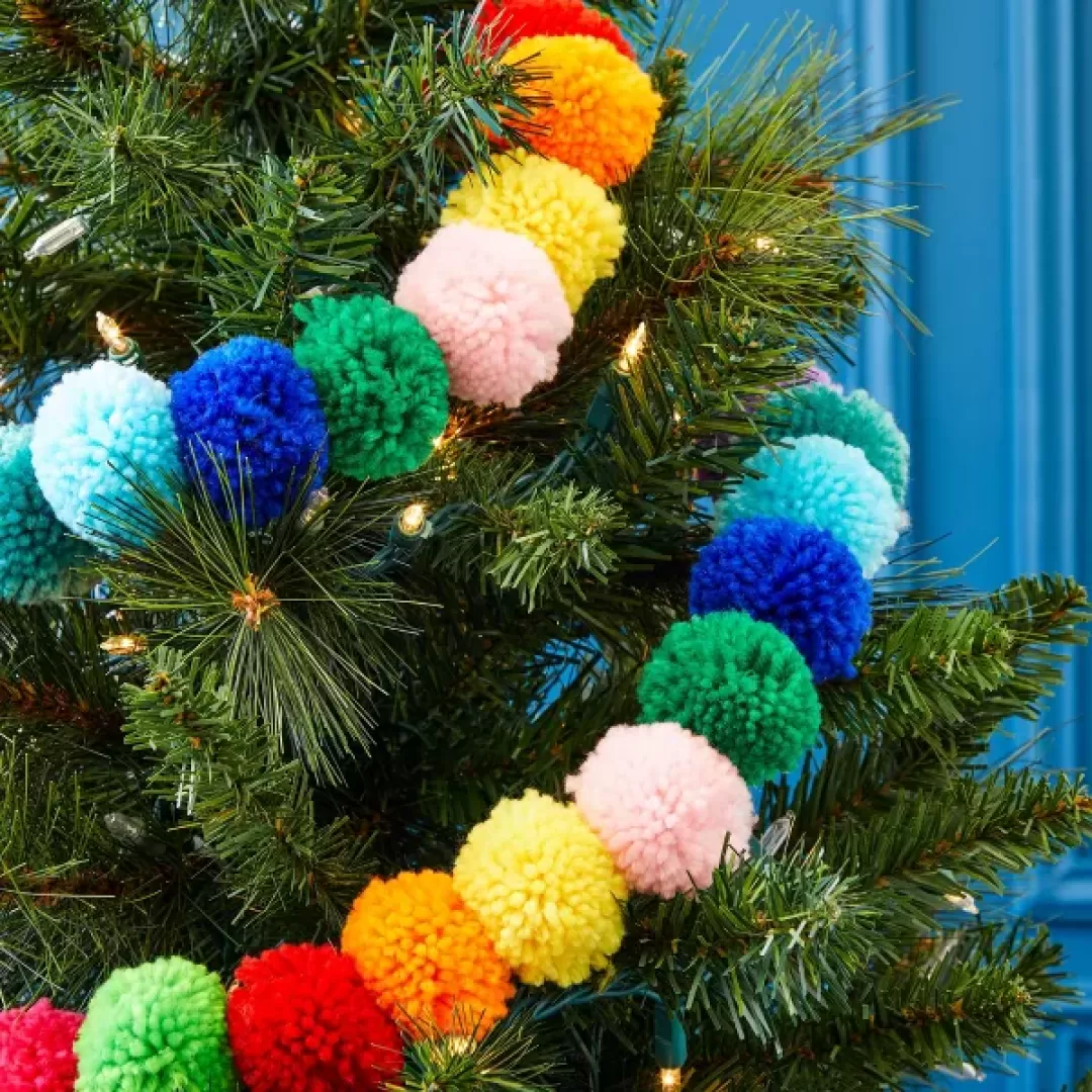 Blue Panda 10 Feet Colorful Wool Pom Pom Garland for Rainbow Birthday Decorations (24 Balls)