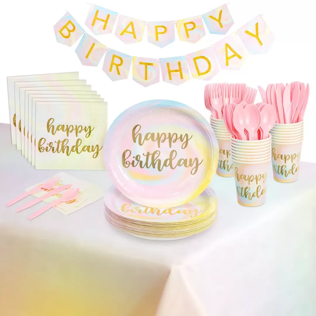 Blue Panda 147-Piece Pastel Tie Dye Party Supplies with Happy Birthday Plates, Napkins, Cups, Tablecloth, Banner, and Cutlery (Serves 24)
