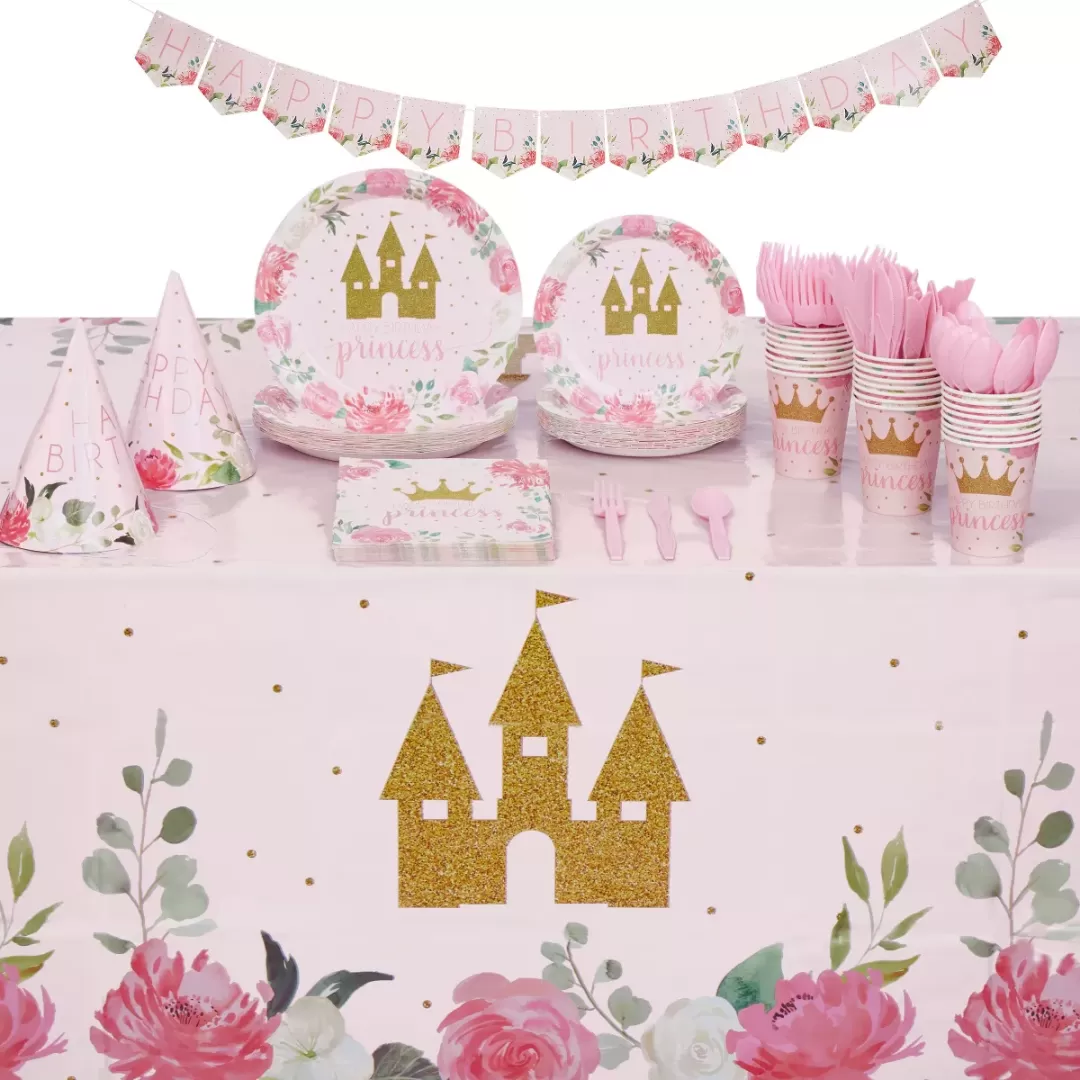Blue Panda 194-Piece Princess Themed Birthday Party Decorations with Dinnerware, Banner, and Hats (Serves 24)