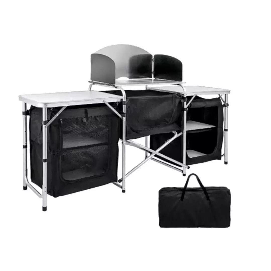 MPM 6' Aluminum Portable Fold-Up Camping Kitchen with Windscreen and 5 Enclosed Cupboards, Cook Station, for BBQ, Camping, Picnic, Backyard