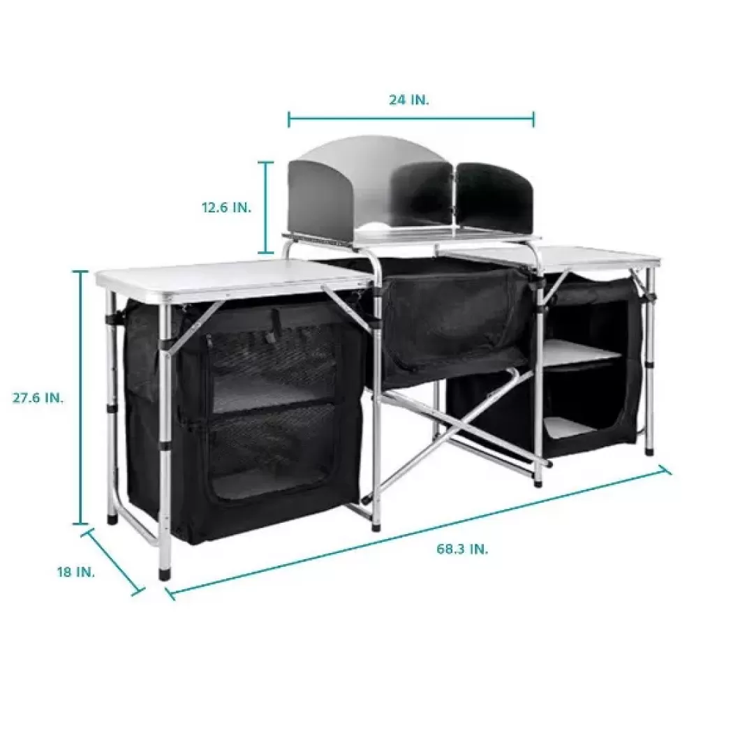 MPM 6' Aluminum Portable Fold-Up Camping Kitchen with Windscreen and 5 Enclosed Cupboards, Cook Station, for BBQ, Camping, Picnic, Backyard