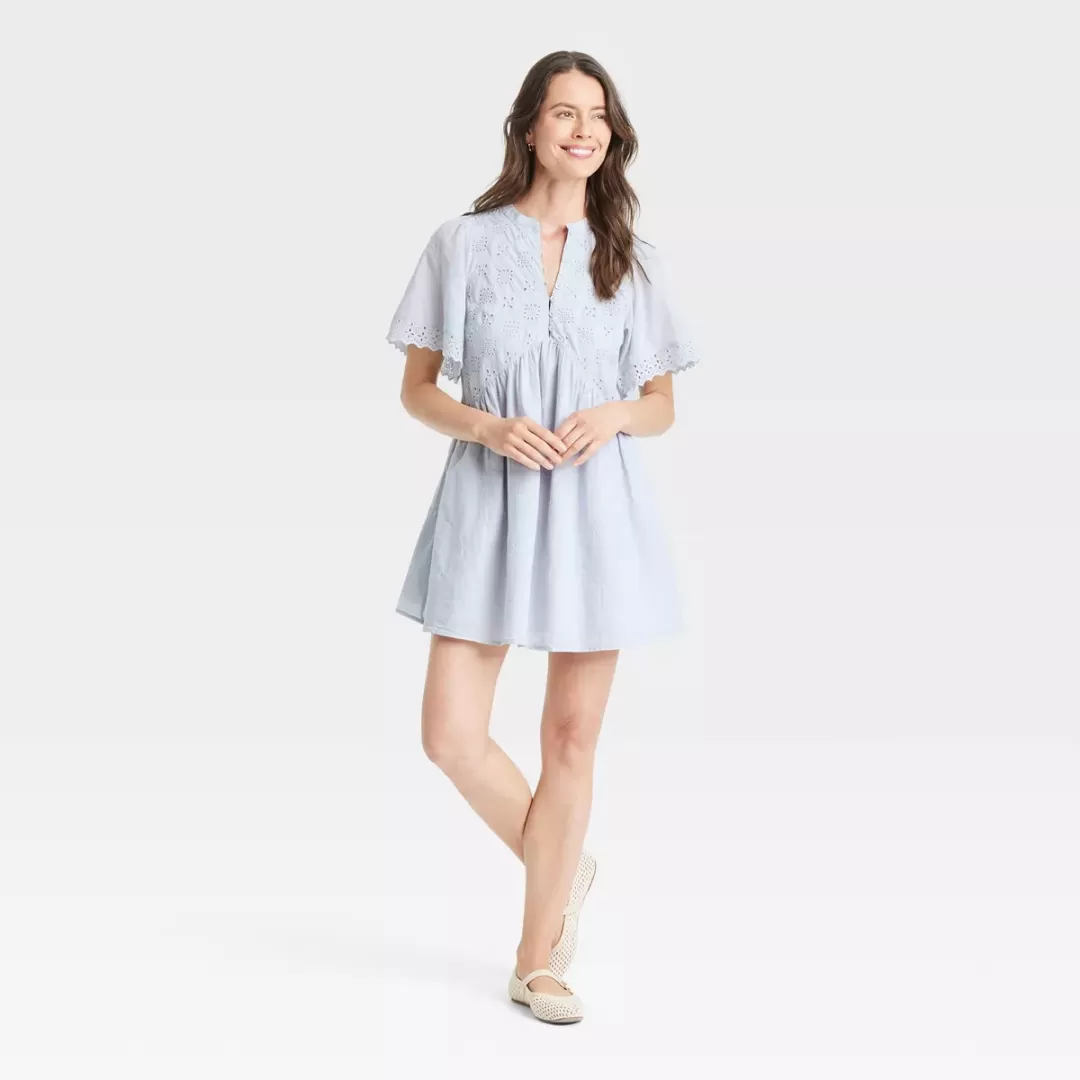 Women's Short Sleeve Eyelet Mini Skater Dress